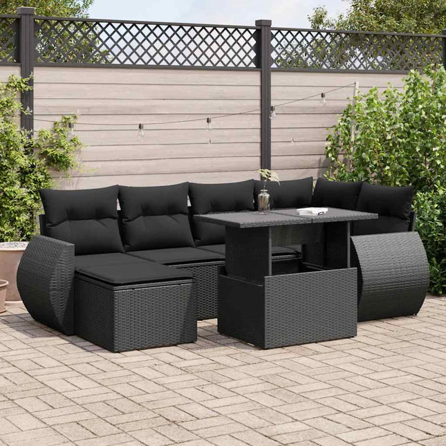 7-delige Loungeset met kussens poly rattan zwart