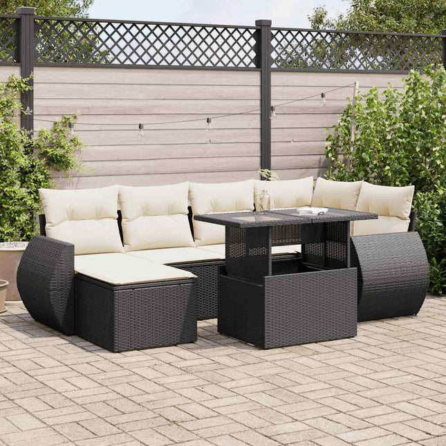 7-delige Loungeset met kussens poly rattan zwart