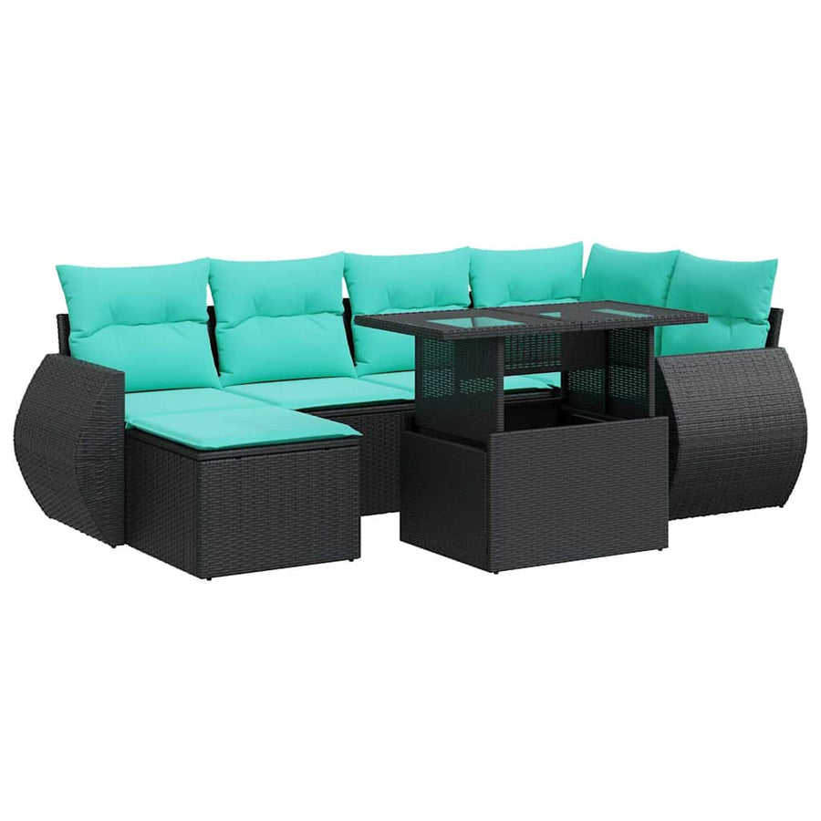 7-delige Loungeset met kussens poly rattan acacia zwart