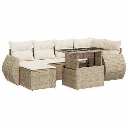 7-delige Loungeset met kussens poly rattan beige