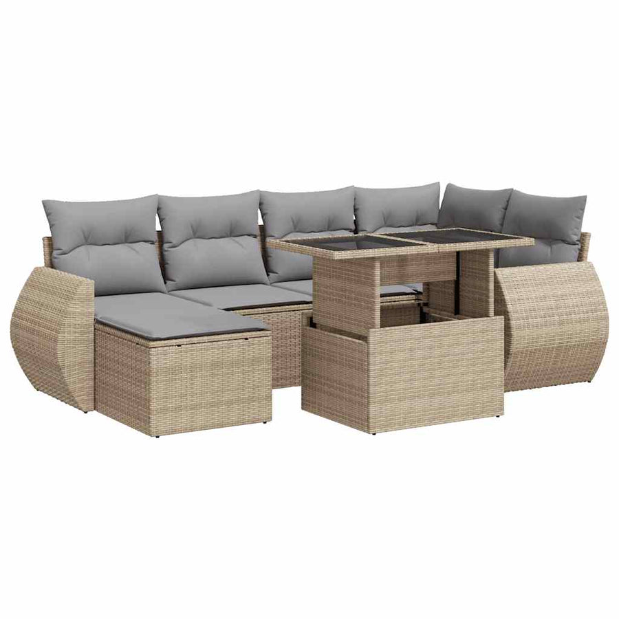 7-delige Loungeset met kussens poly rattan beige