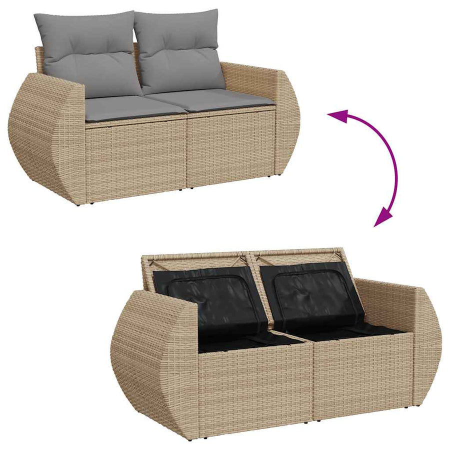 7-delige Loungeset met kussens poly rattan beige