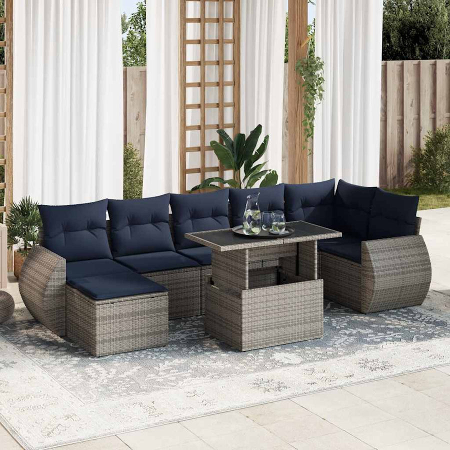 8-delige Loungeset met kussens poly rattan acacia grijs