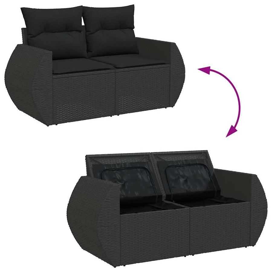 9-delige Loungeset met kussens poly rattan zwart