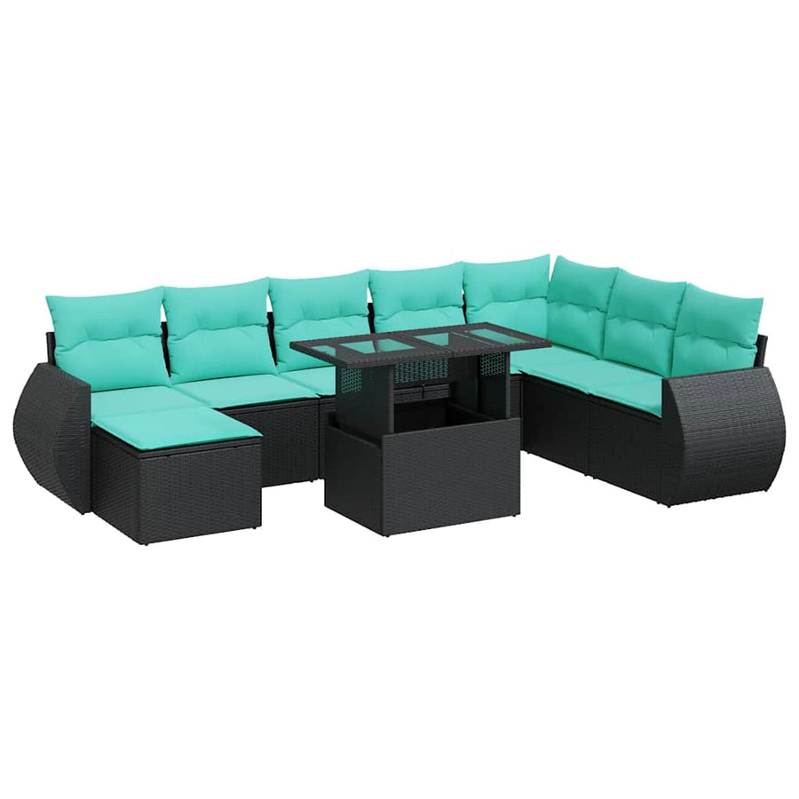 9-delige Loungeset met kussens poly rattan acacia zwart