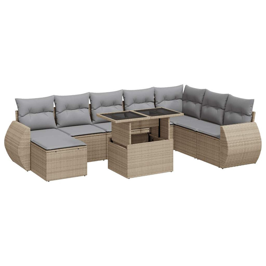 9-delige Loungeset met kussens poly rattan beige