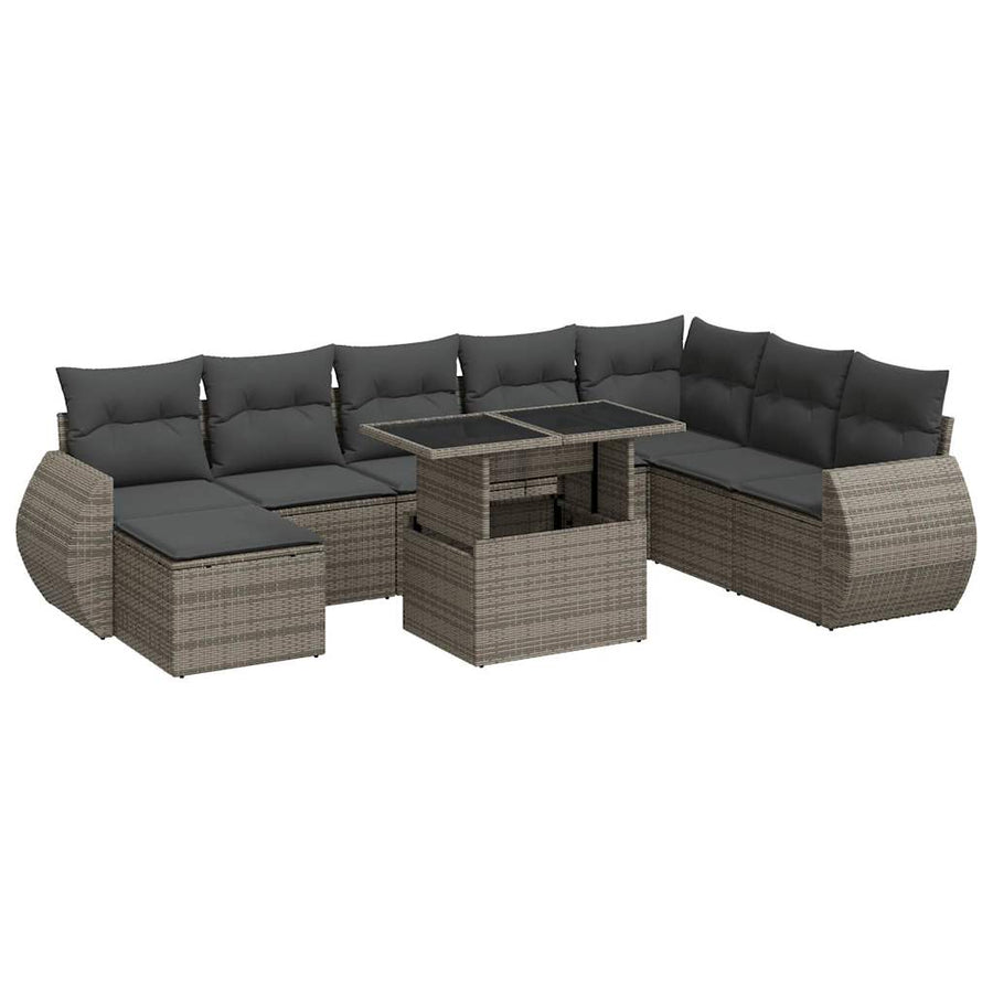 9-delige Loungeset met kussens poly rattan grijs