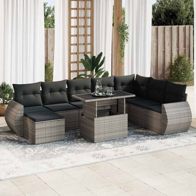 9-delige Loungeset met kussens poly rattan grijs