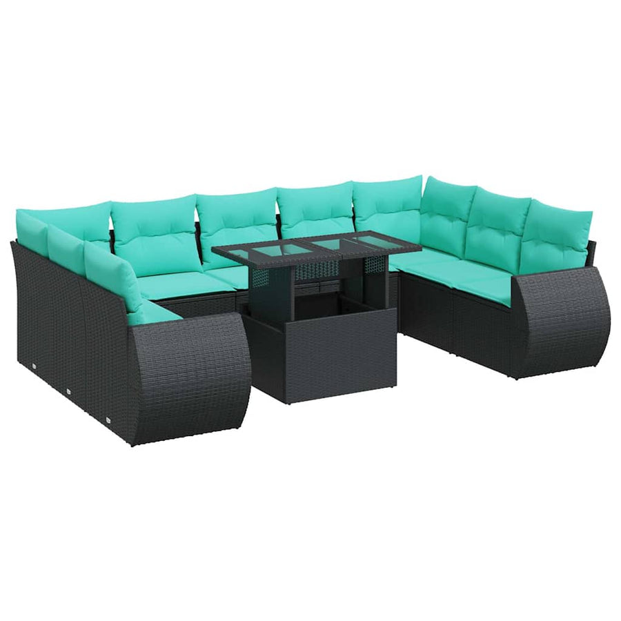 10-delige Loungeset met kussens poly rattan acacia zwart