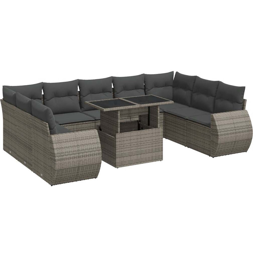 10-delige Loungeset met kussens poly rattan grijs