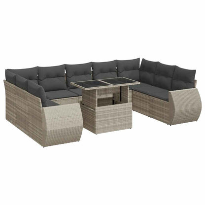 10-delige Loungeset met kussens poly rattan lichtgrijs