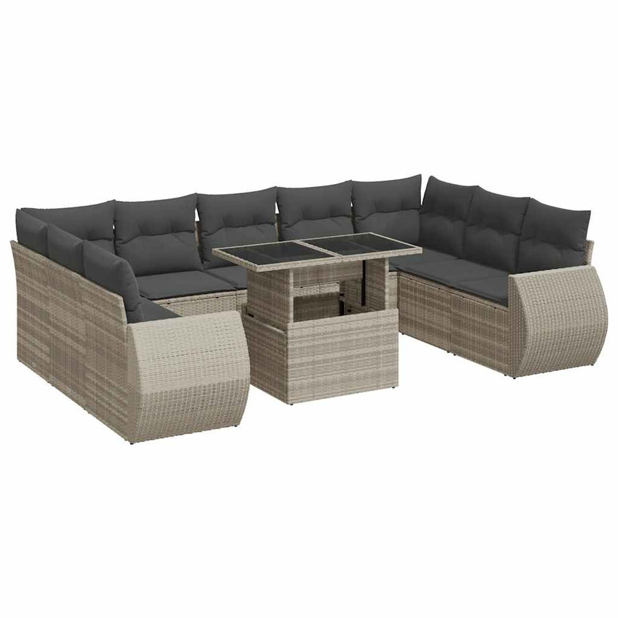 10-delige Loungeset met kussens poly rattan lichtgrijs
