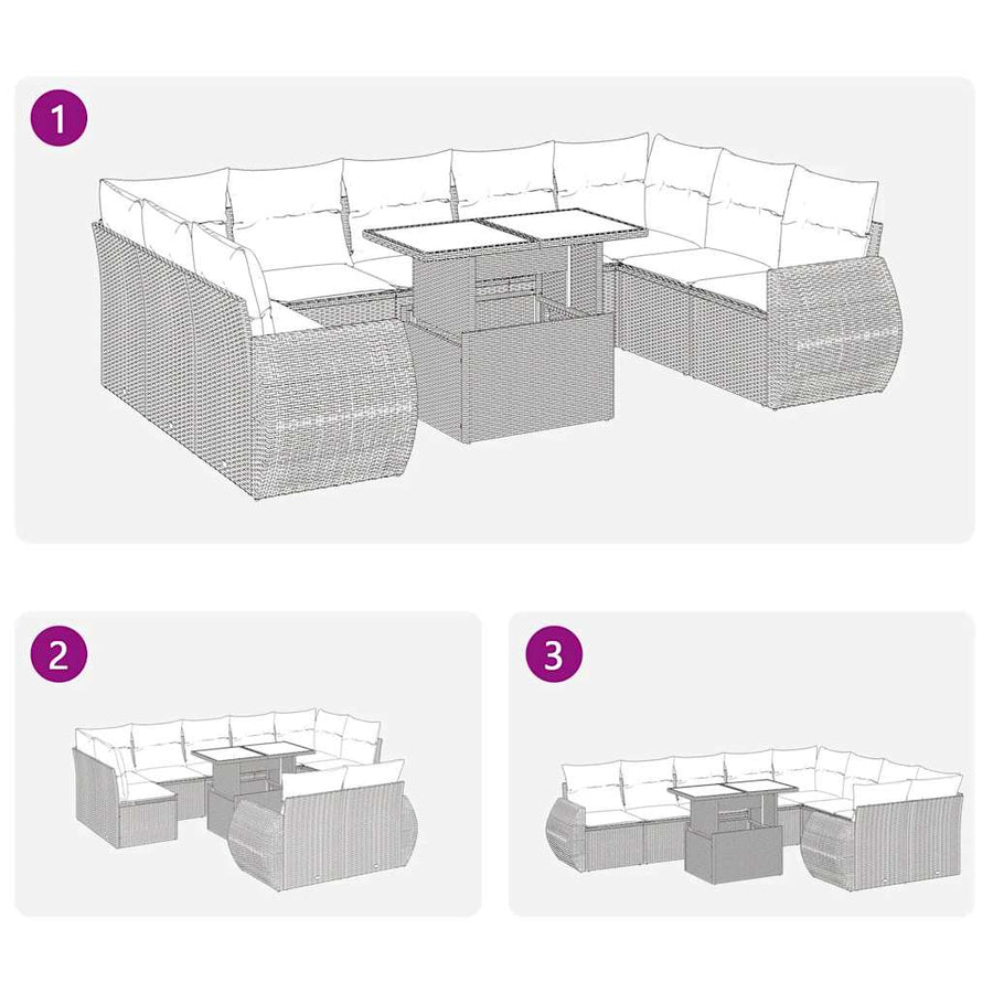 10-delige Loungeset met kussens poly rattan acacia bruin