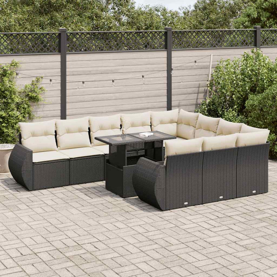 11-delige Loungeset met kussens poly rattan zwart