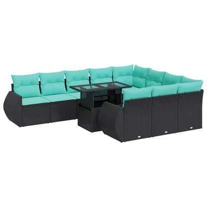 11-delige Loungeset met kussens poly rattan acacia zwart