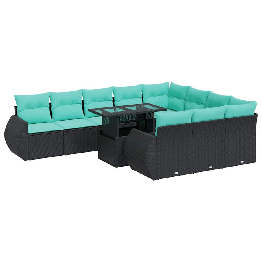11-delige Loungeset met kussens poly rattan acacia zwart