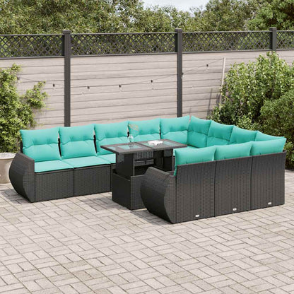 11-delige Loungeset met kussens poly rattan acacia zwart
