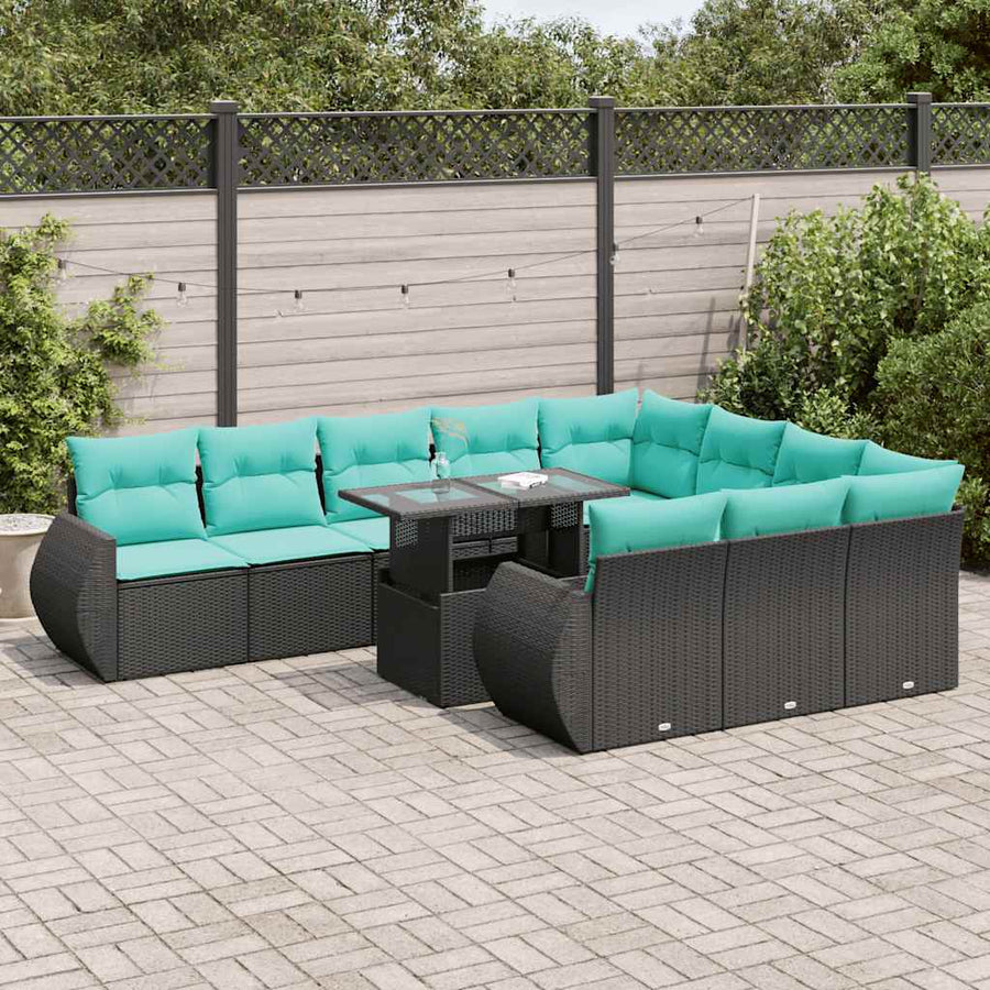 11-delige Loungeset met kussens poly rattan acacia zwart