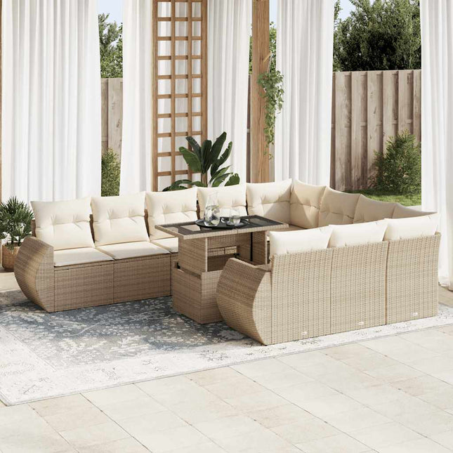 11-delige Tuinset met kussens poly rattan beige