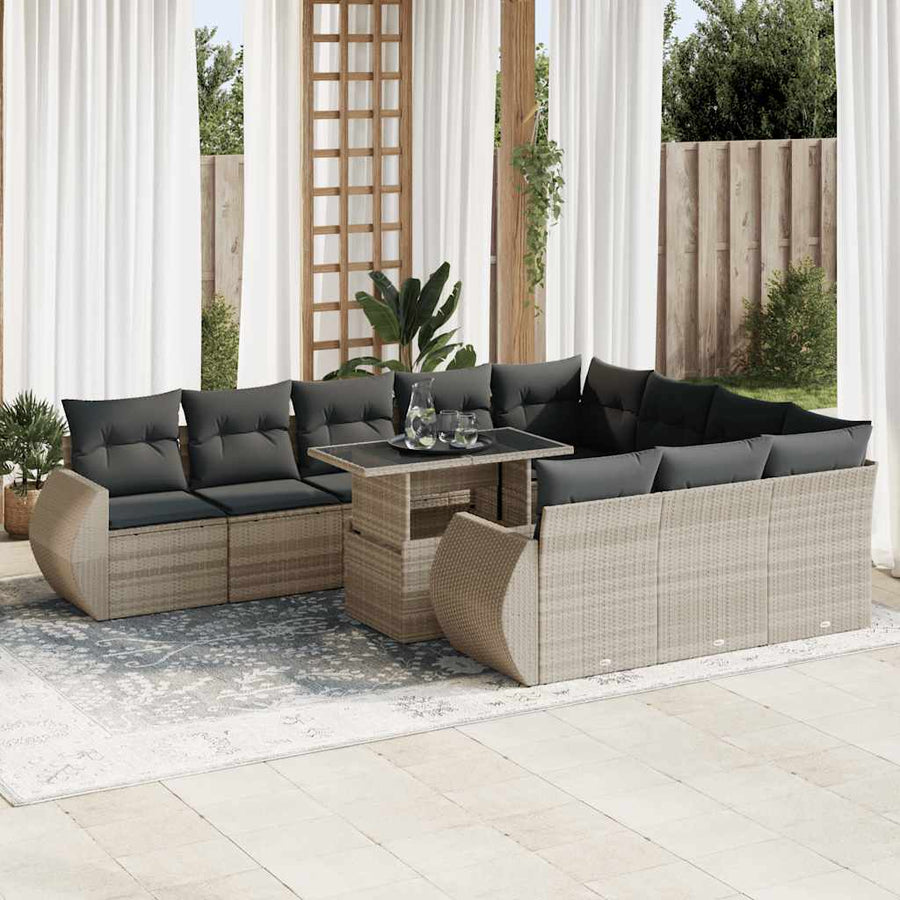11-delige Loungeset met kussens poly rattan lichtgrijs