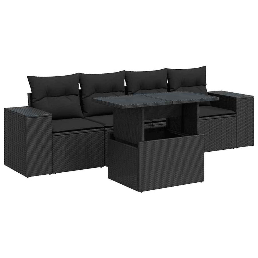 5-delige Loungeset met kussens poly rattan zwart