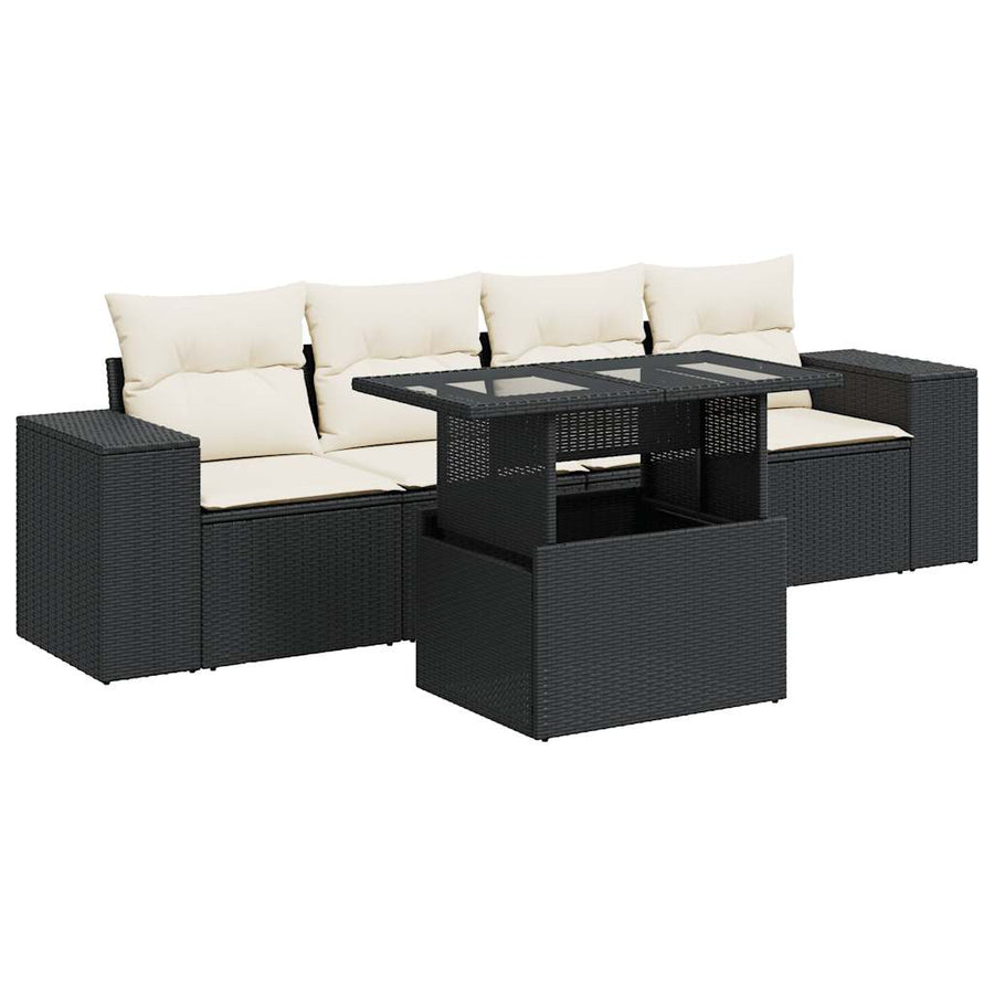 5-delige Loungeset met kussens poly rattan zwart