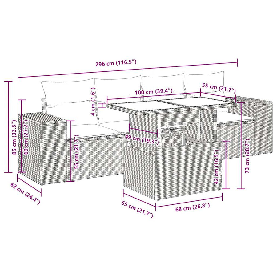 5-delige Loungeset met kussens poly rattan zwart