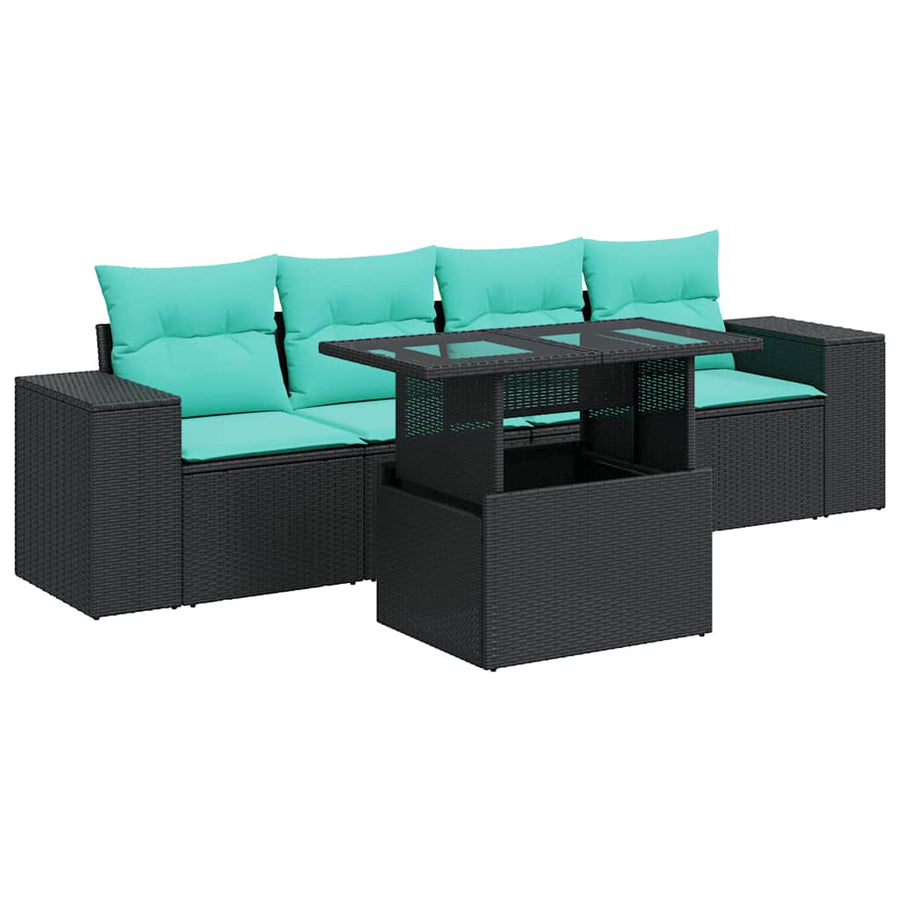 5-delige Loungeset met kussens poly rattan acacia zwart
