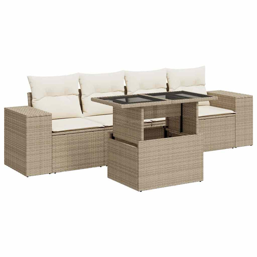 5-delige Loungeset met kussens poly rattan beige