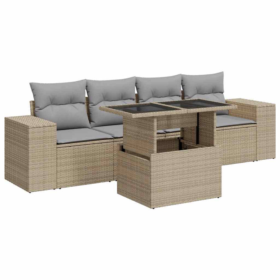5-delige Loungeset met kussens poly rattan beige