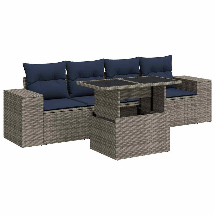 5-delige Loungeset met kussens poly rattan acacia grijs
