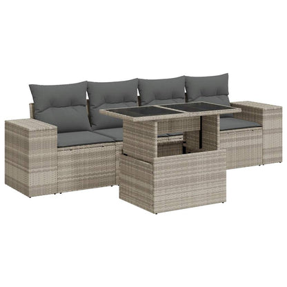 5-delige Loungeset met kussens poly rattan lichtgrijs