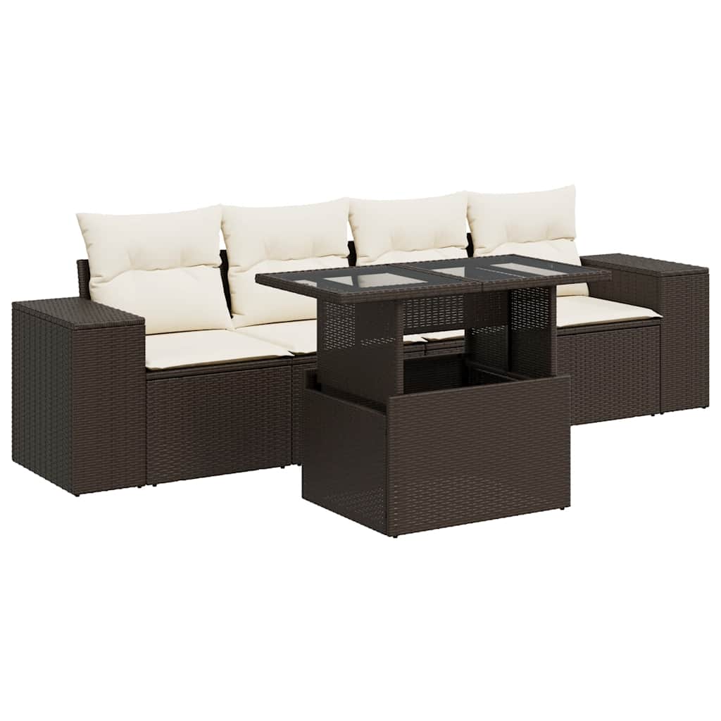 5-delige Loungeset met kussens poly rattan bruin