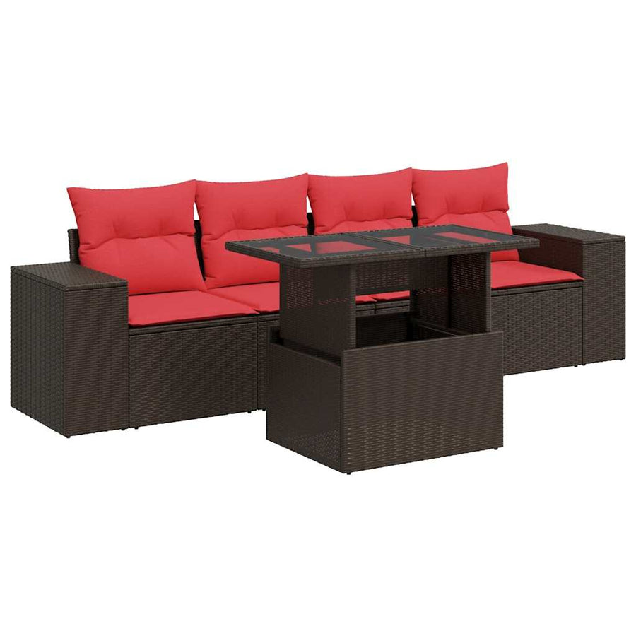 5-delige Loungeset met kussens poly rattan acacia bruin