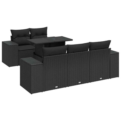 6-delige Loungeset met kussens poly rattan zwart