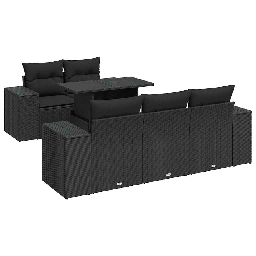 6-delige Loungeset met kussens poly rattan zwart
