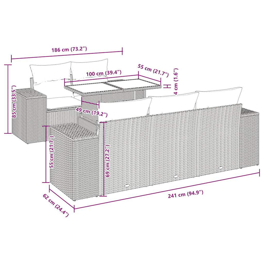 6-delige Loungeset met kussens poly rattan zwart