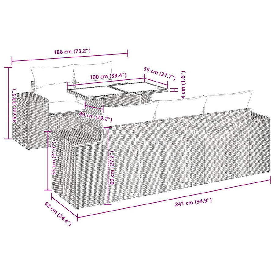 6-delige Loungeset met kussens poly rattan zwart