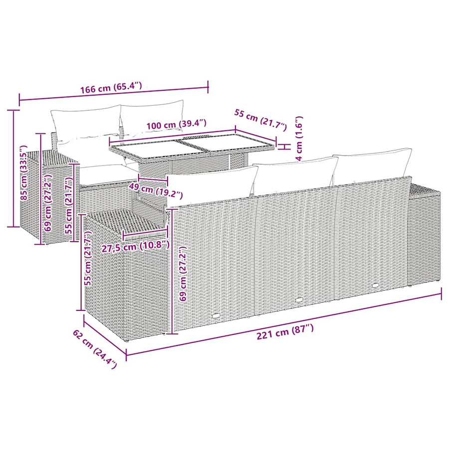 6-delige Loungeset met kussens poly rattan acacia zwart