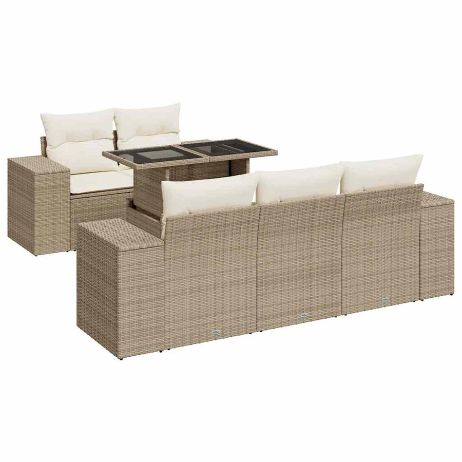 6-delige Loungeset met kussens poly rattan beige