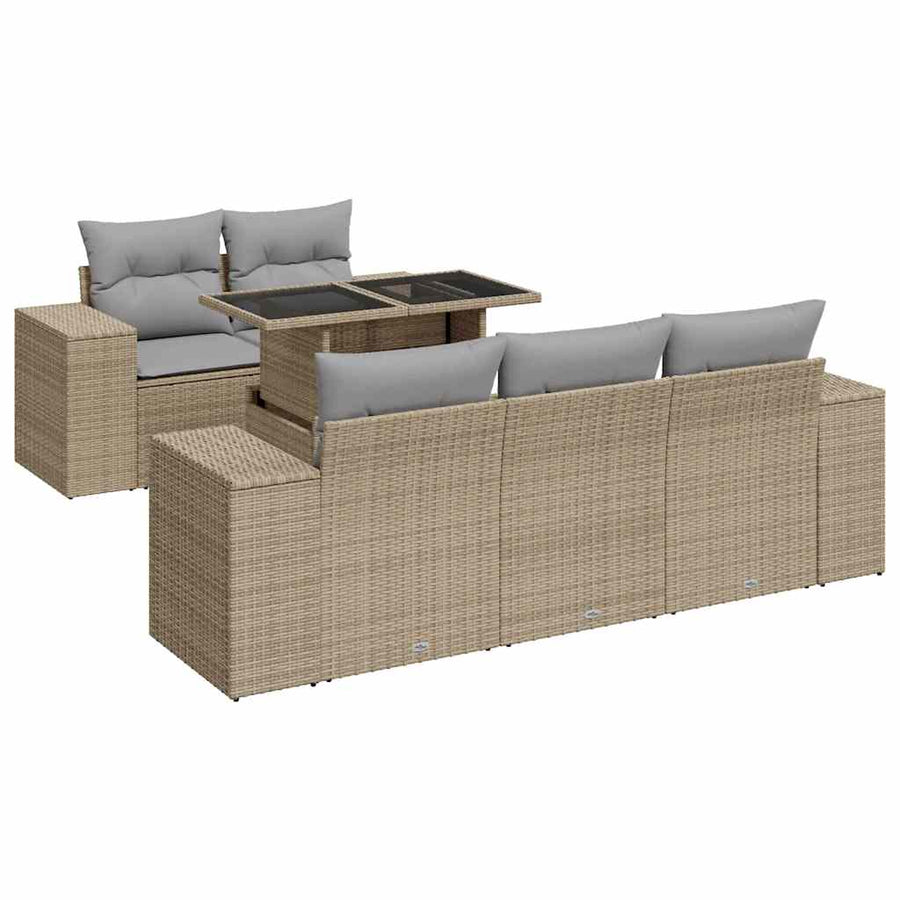 6-delige Loungeset met kussens poly rattan beige