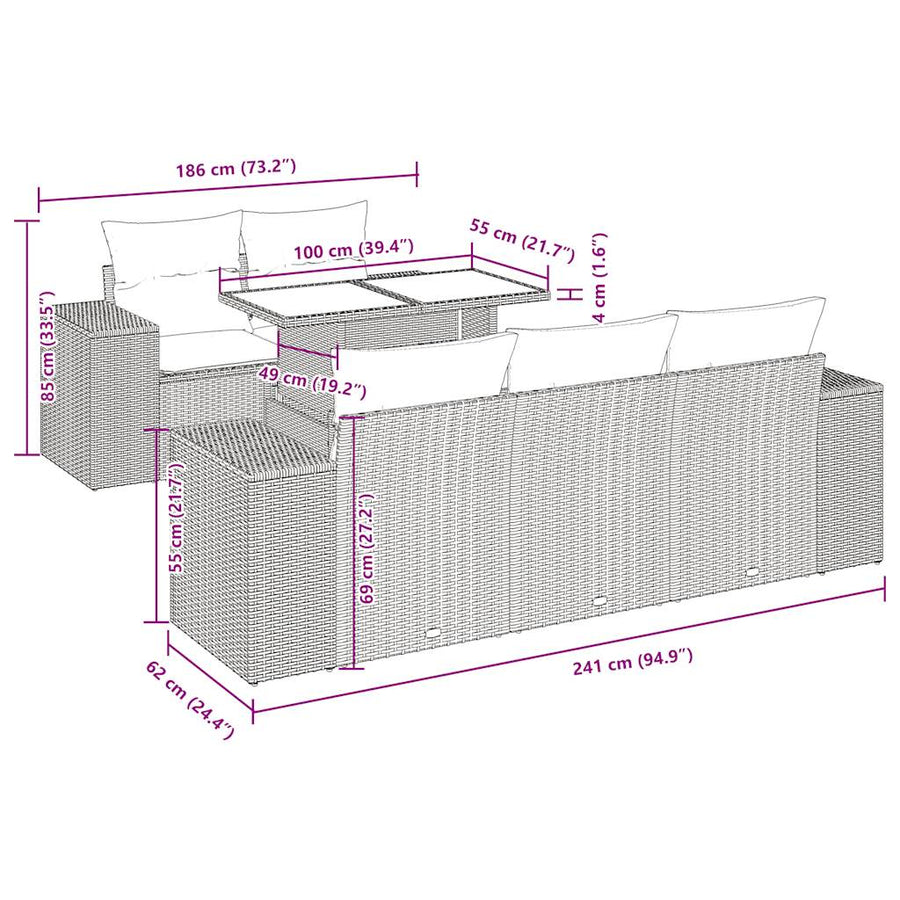 6-delige Loungeset met kussens poly rattan beige