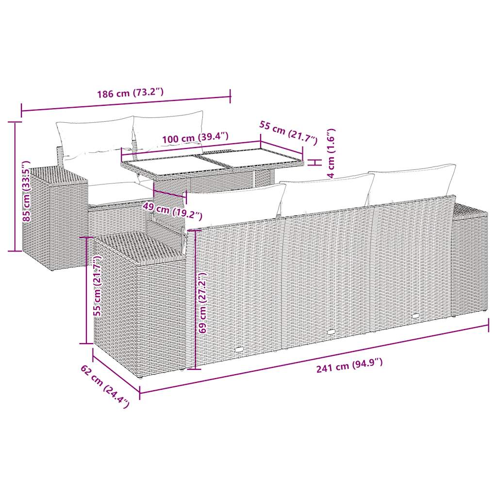 6-delige Loungeset met kussens poly rattan grijs