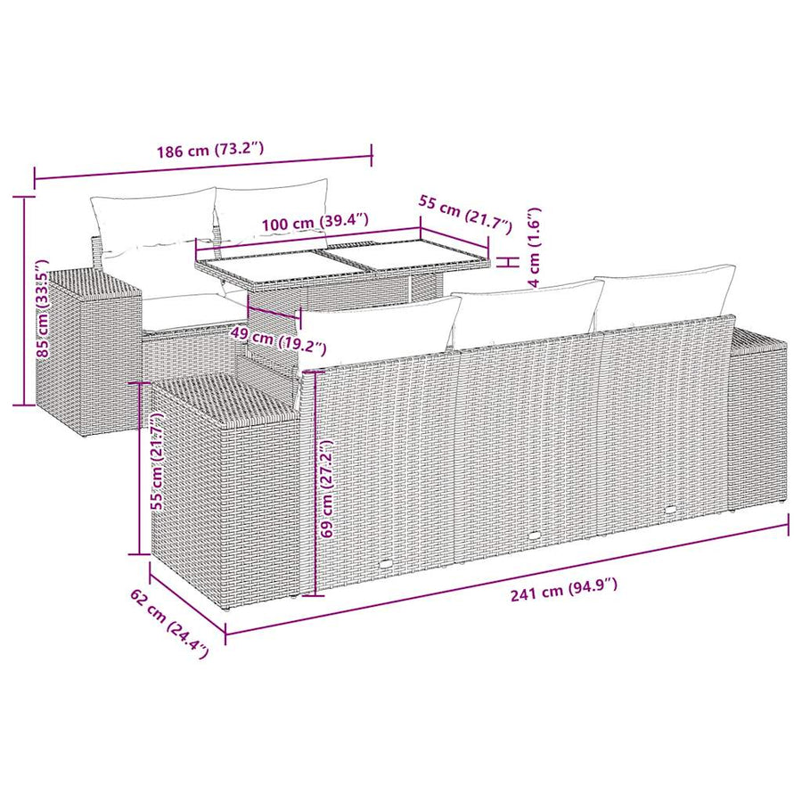 6-delige Loungeset met kussens poly rattan grijs