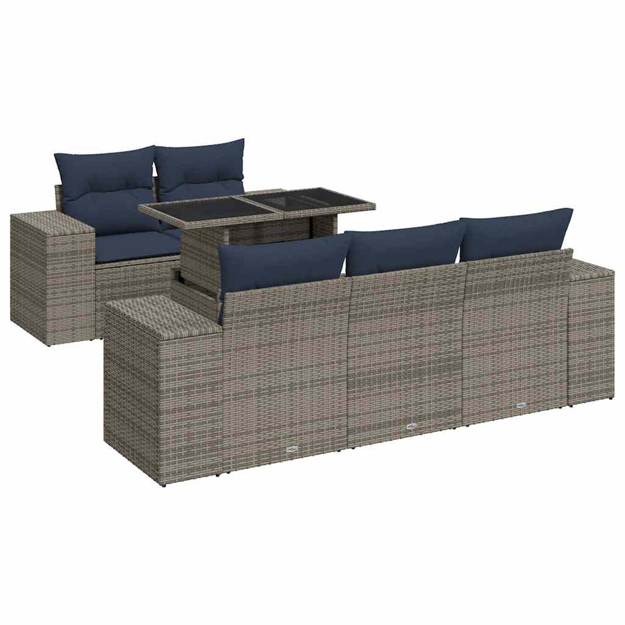 6-delige Loungeset met kussens poly rattan acacia grijs