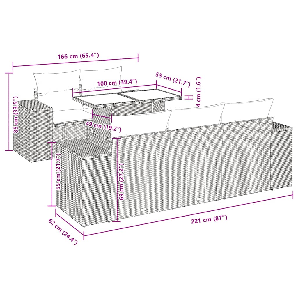 6-delige Loungeset met kussens poly rattan acacia grijs