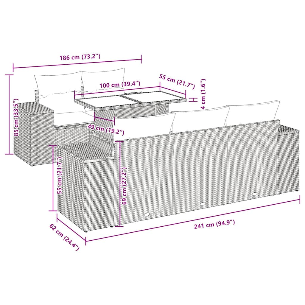 6-delige Loungeset met kussens poly rattan bruin