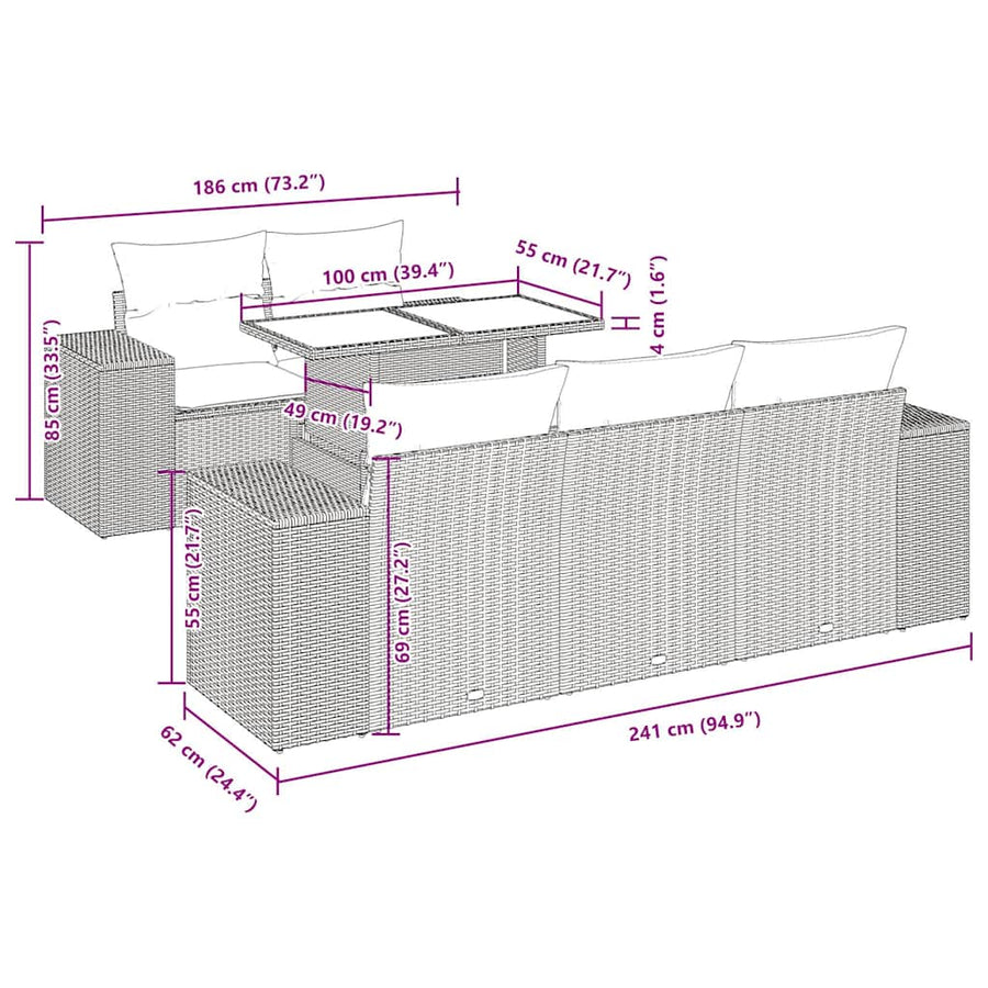 6-delige Loungeset met kussens poly rattan bruin