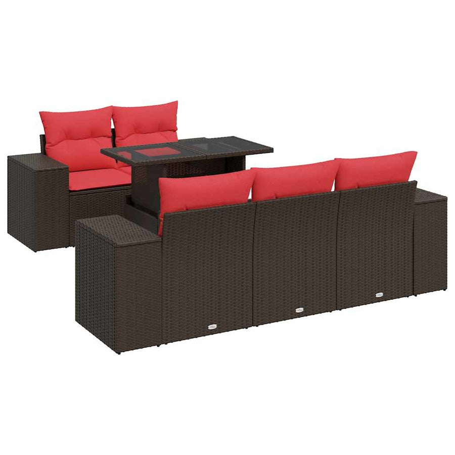 6-delige Loungeset met kussens poly rattan acacia bruin