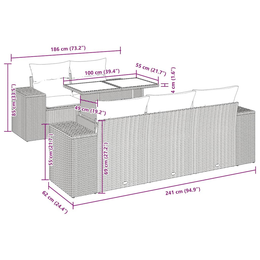 6-delige Loungeset met kussens poly rattan acacia bruin